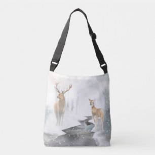 Watercolor Stag und Deer Winter Wonderland Tragetaschen Mit Langen Trägern