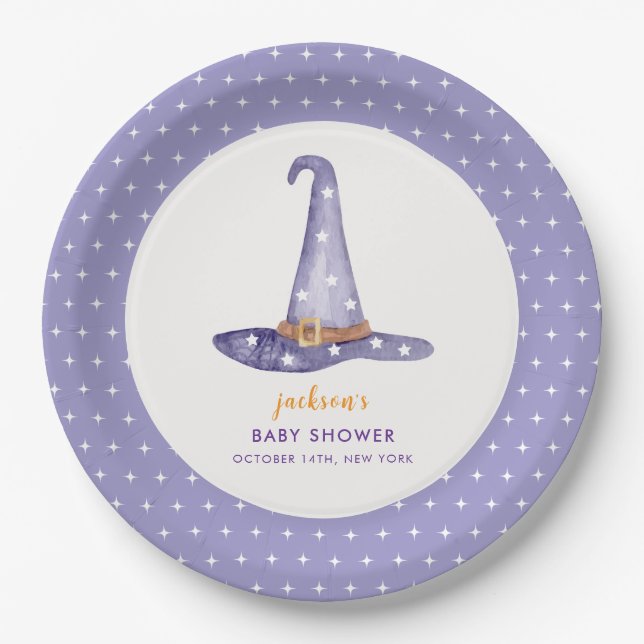Watercolor Star Little Boo Witch Hat Baby Dusche Pappteller (Vorderseite)