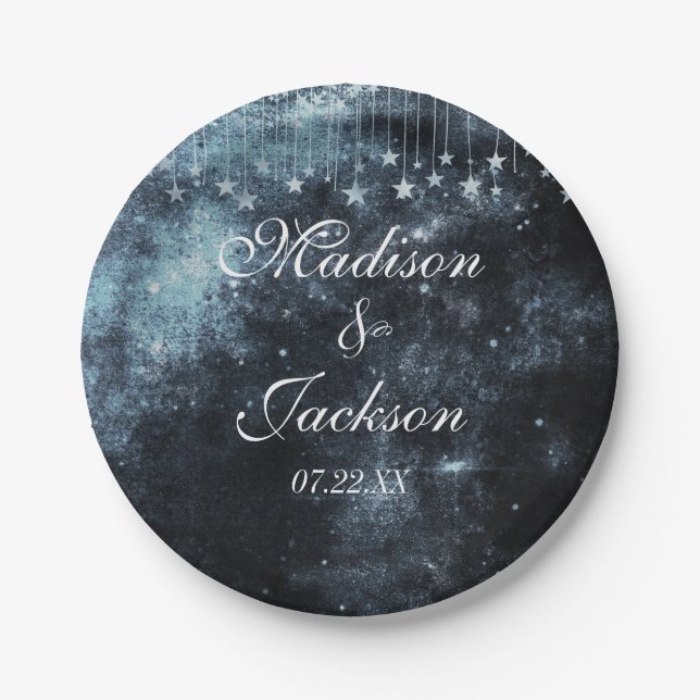 Watercolor Starry Night Celestial Wedding Monogram Pappteller (Vorderseite)