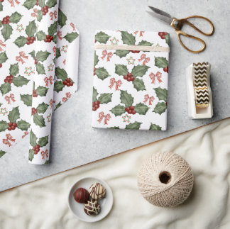 Watercolor-Stechpalmen-Beeren- und Zuckerstangen-S Geschenkpapier