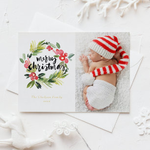 Watercolor-Stechpalmen-Kranz Frohe Weihnachten Fot Folien Feiertagspostkarte