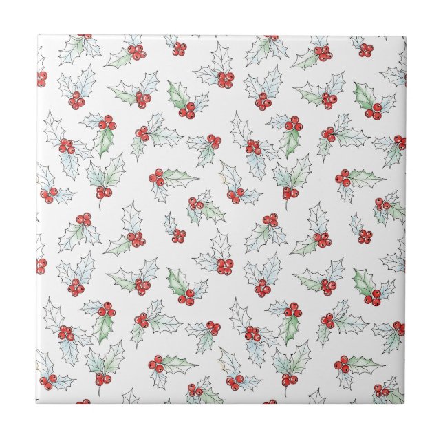 Watercolor-Stechpalmenblätter und rote Beeren  Fliese (Vorderseite)