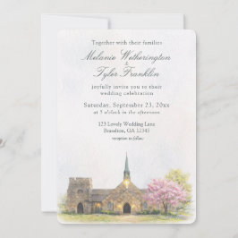 Watercolor Stone Chapel Spring Wedding Invitation Einladung