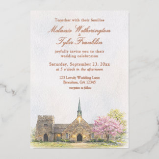 Watercolor Stone Chapel Spring Wedding Invitation Folieneinladung