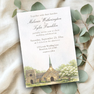 Watercolor Stone Chapel Summer Wedding Invitation Einladung