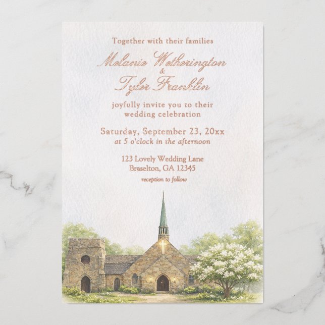 Watercolor Stone Chapel Summer Wedding Invitation Folieneinladung (Vorderseite)