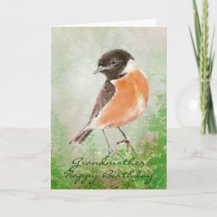 Watercolor Stonechat Bird Happy Birthday Oma Karte
