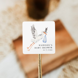 Watercolor Stork Blue Boy Baby Shower Quadratischer Aufkleber