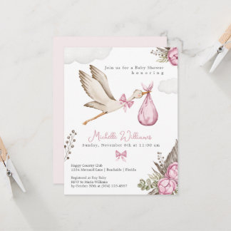 Watercolor Stork Girl Pink Baby Shower Invitation Einladung