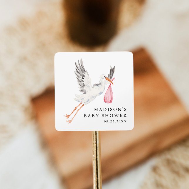 Watercolor Stork Pink Girl Baby Shower Quadratischer Aufkleber (Von Creator hochgeladen)