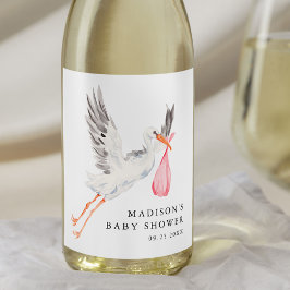 Watercolor Stork Pink Girl Baby Shower Weinetikett