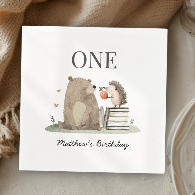 Watercolor Storybook Woodland Animals 1st Birthday Serviette (Von Creator hochgeladen)