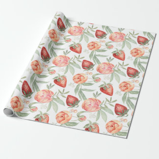 Watercolor Strawberries and Garden Flowers Geschenkpapier