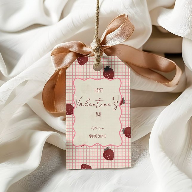 Watercolor Strawberries on Pink Grid- Valentine Geschenkanhänger (Von Creator hochgeladen)