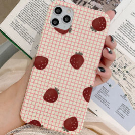 Watercolor Strawberries on Pink Grid - Valentine iPhone 16 Pro Hülle