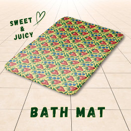 Watercolor Strawberry Blueberry Pattern on Yellow Badematte