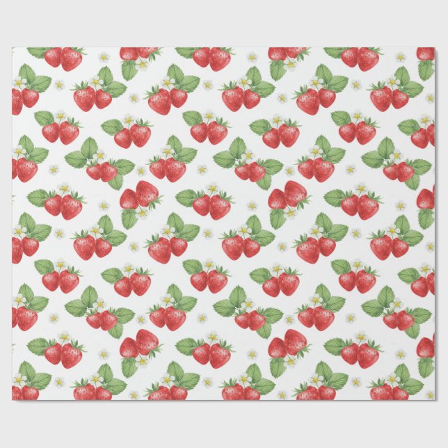 Watercolor Strawberry Fruit and Flowers  Geschenkpapier (Flach)