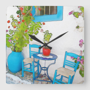 Watercolor street view quadratische wanduhr