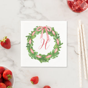 Watercolor Strip Bow Wreath Christmas Monogram Serviette