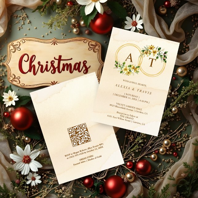 Watercolor Style Gold Floral Christmas Wreath Einladung (Watercolor Style Gold Floral Christmas Wreath with Initials Wedding Invitation with Back QR Code. )