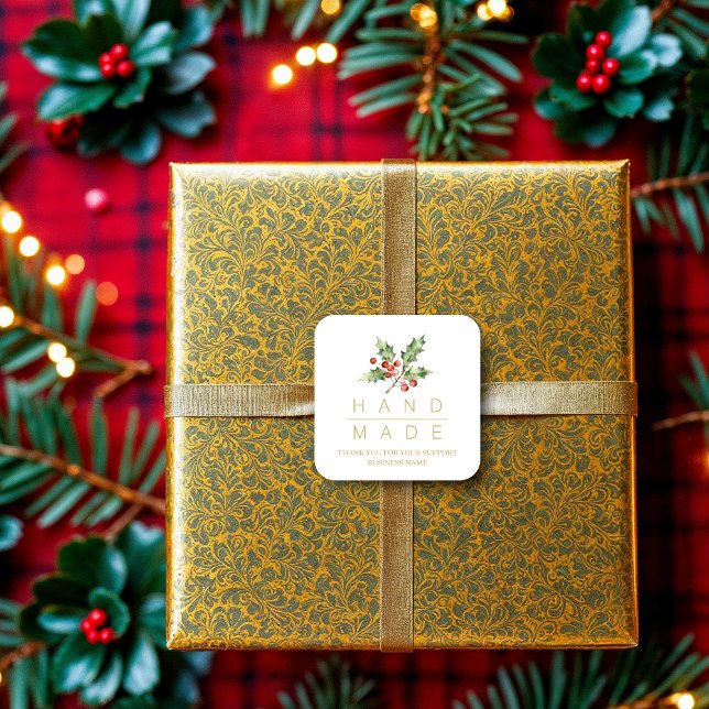 Watercolor Style Holly Branches Handmade Quote Quadratischer Aufkleber (Pretty Minimalist Watercolor Style Holly Branches Handmade Quote Christmas Square Sticker. )