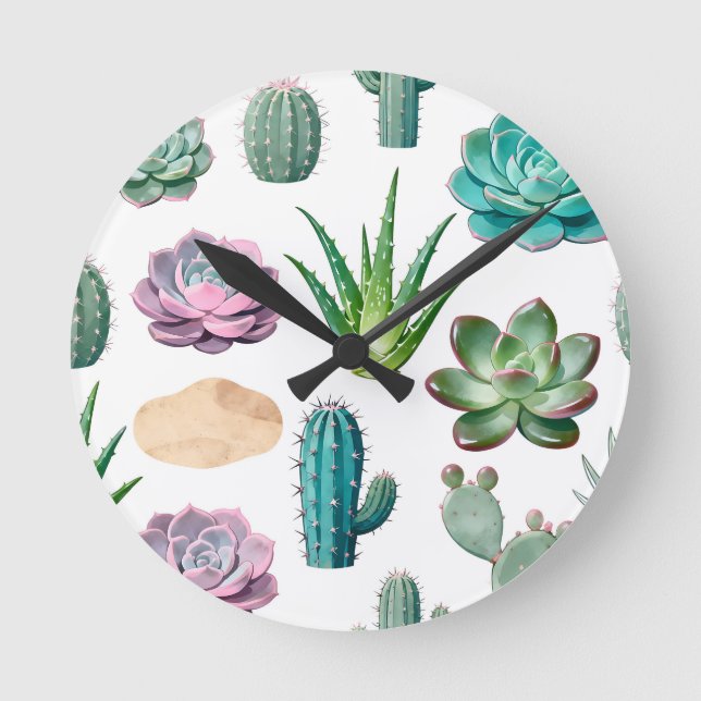 Watercolor Succulent Cactus Pattern Runde Wanduhr (Vorderseite)