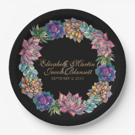 Watercolor Succulent Wreath Black Wedding Pappteller