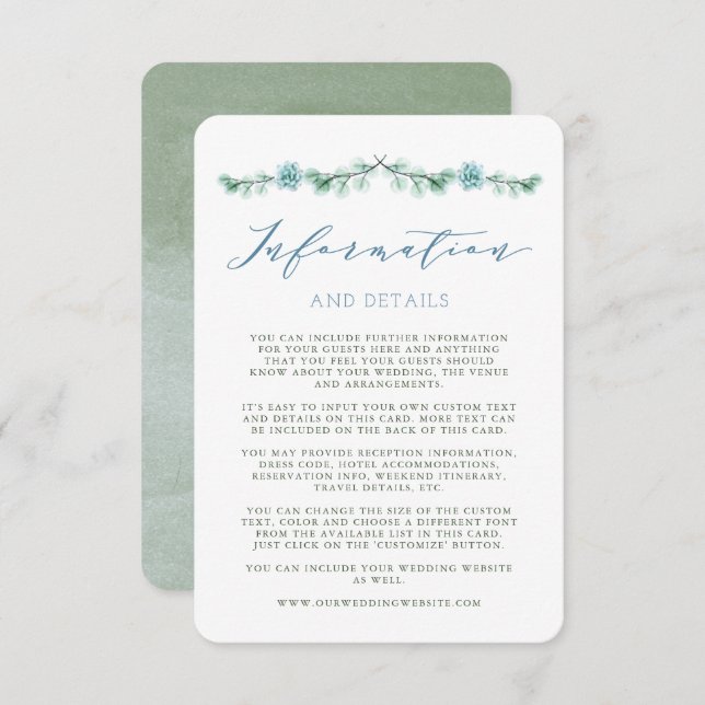 Watercolor Succulents Garden Wedding Info Card Einladung (Vorne/Hinten)