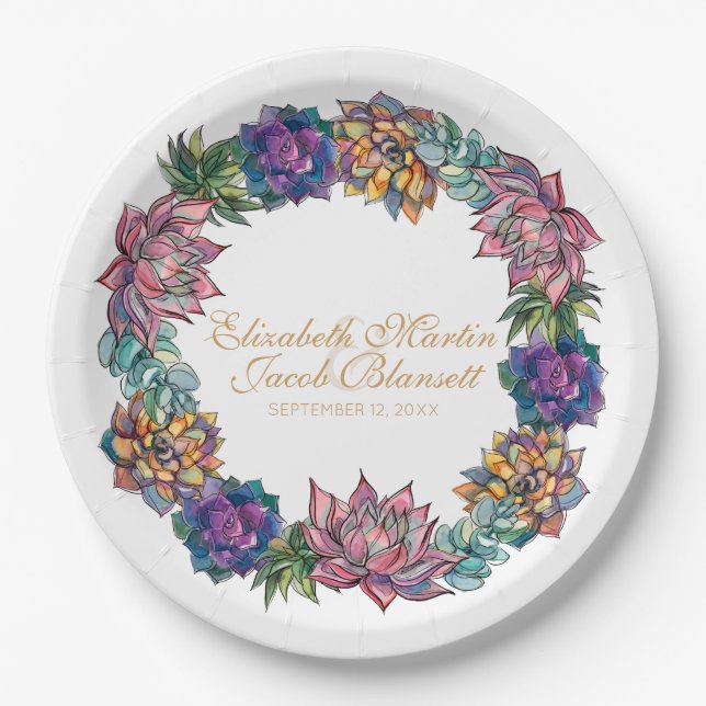 Watercolor Sukkulent Wreath Wedding Pappteller (Vorderseite)