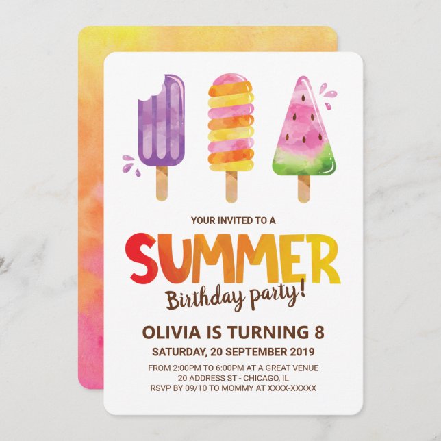 Watercolor Summer Birthday Party Einladung (Vorne/Hinten)