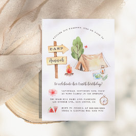Watercolor Summer Camping Girls Birthday Party Einladung