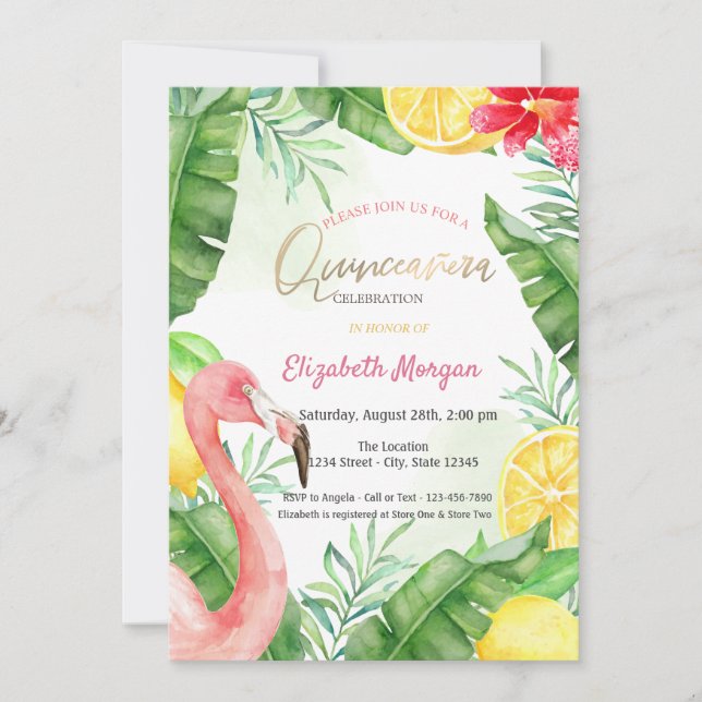 Watercolor Summer Flamingo Quinceanera Einladung (Vorderseite)