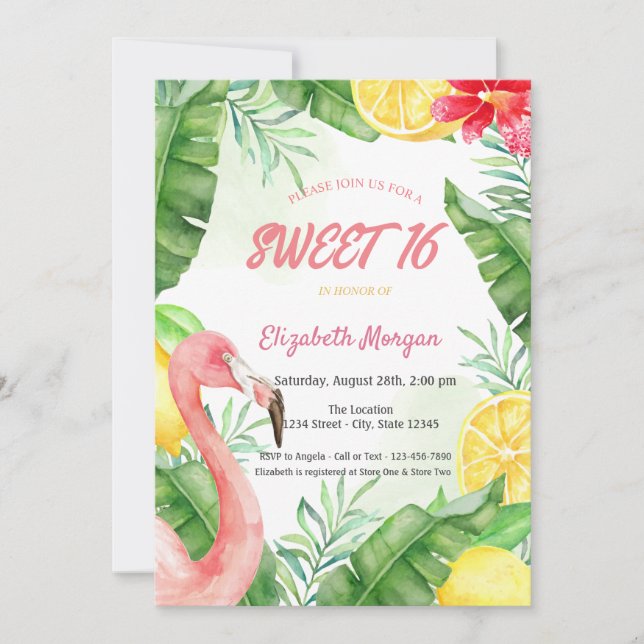 Watercolor Summer Flamingo Sweet 16 Einladung (Vorderseite)