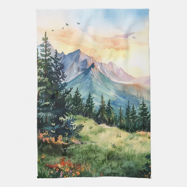 Watercolor Summer Mountain Geschirrtuch (Vertikal)