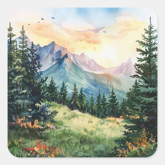 Watercolor Summer Mountain Quadratischer Aufkleber (Vorderseite)