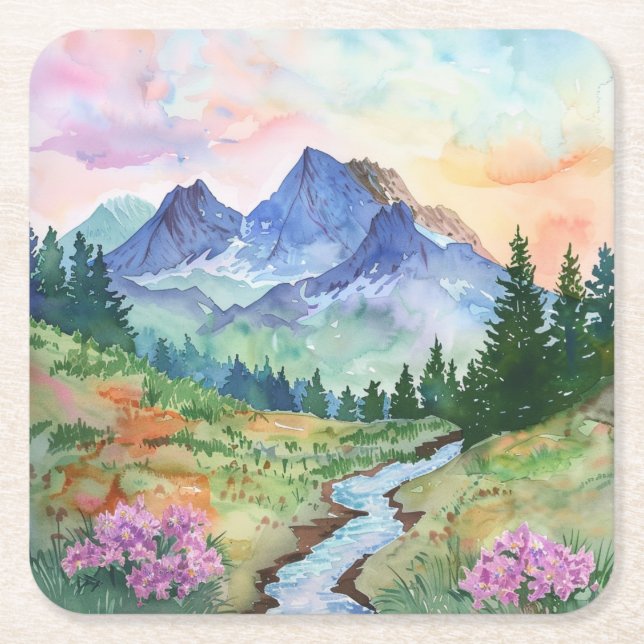Watercolor Summer Mountain Rechteckiger Pappuntersetzer (Vorderseite)