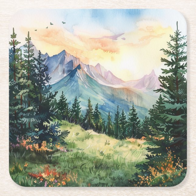 Watercolor Summer Mountain Rechteckiger Pappuntersetzer (Vorderseite)
