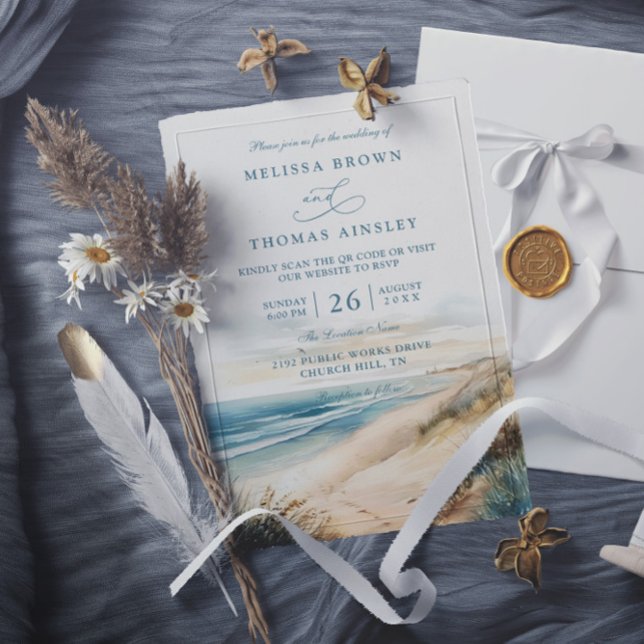 Watercolor Summer Ocean Beach QR Code Wedding Einladung (Von Creator hochgeladen)