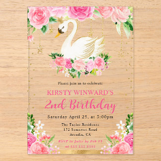 Watercolor Summer Pink Roses Swan Birthday Acryleinladungen