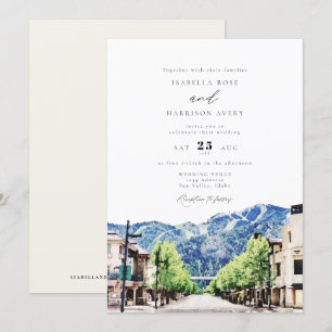 Watercolor Sun Valley Idaho Skyline Town Wedding Einladung