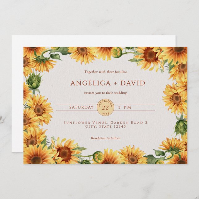 Watercolor Sunflower Border Wedding Invitation Einladung (Vorne/Hinten)