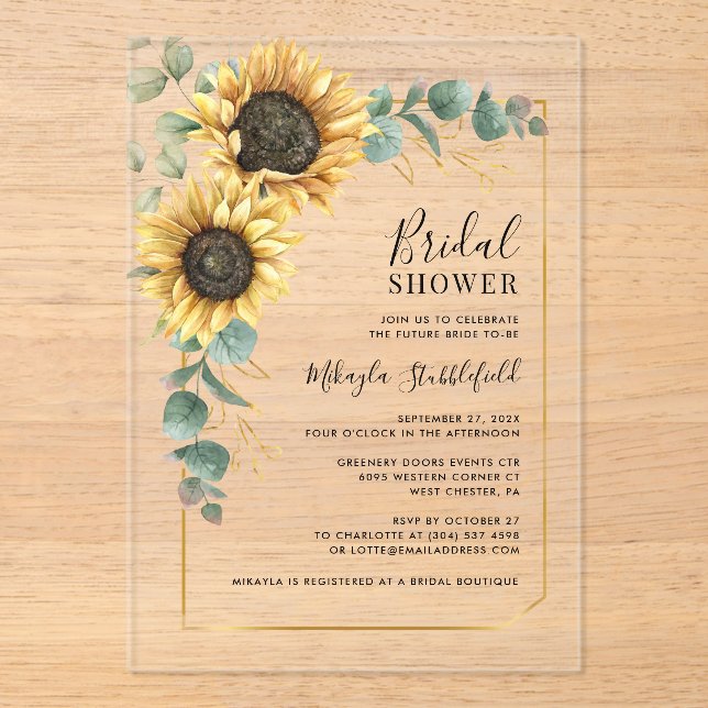 Watercolor Sunflower Floral Bridal Shower Acryleinladungen (Vorderseite)