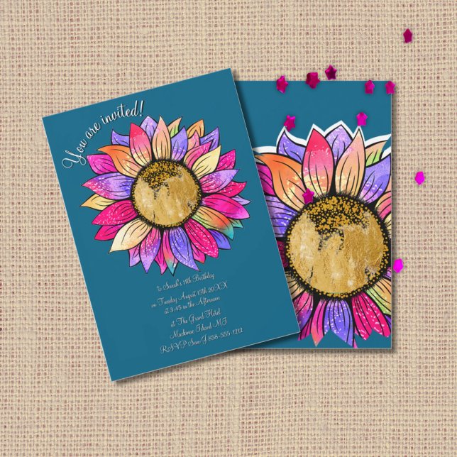 Watercolor Sunflower Floral Teal Pink Birthday Einladung (Von Creator hochgeladen)