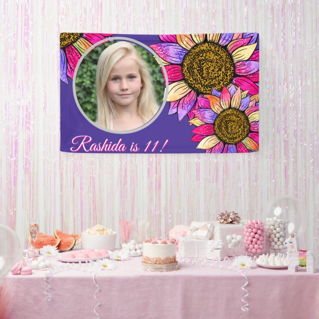 Watercolor Sunflower Pink & Purple Chic Birthday Banner (Party)