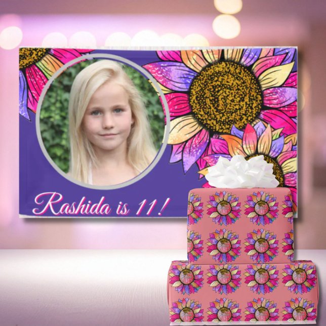 Watercolor Sunflower Summer Pink & Purple  Geschenkpapier (Von Creator hochgeladen)