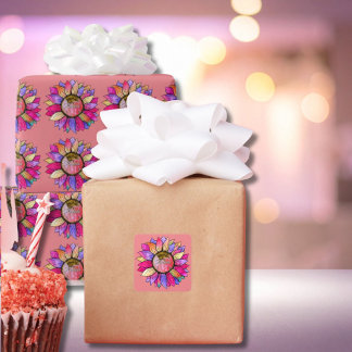 Watercolor Sunflower Summer Pink & Purple Quadratischer Aufkleber