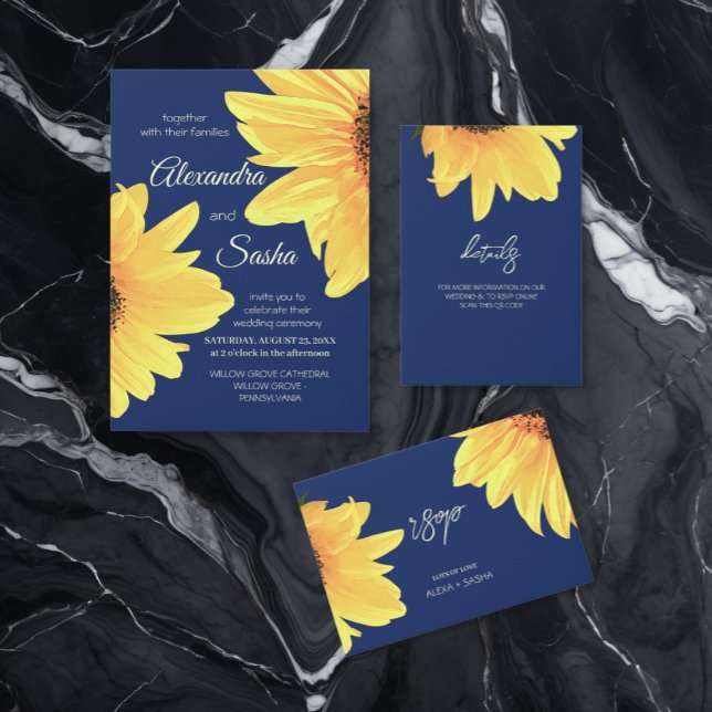Watercolor Sunflowers dark blue Wedding Begleitkarte (Von Creator hochgeladen)