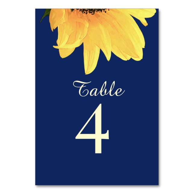 Watercolor Sunflowers dark blue Wedding Tischnummer (Vorderseite)