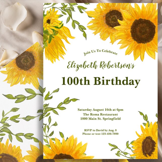 Watercolor Sunflowers Women's 100th Birthday  Einladung (Von Creator hochgeladen)