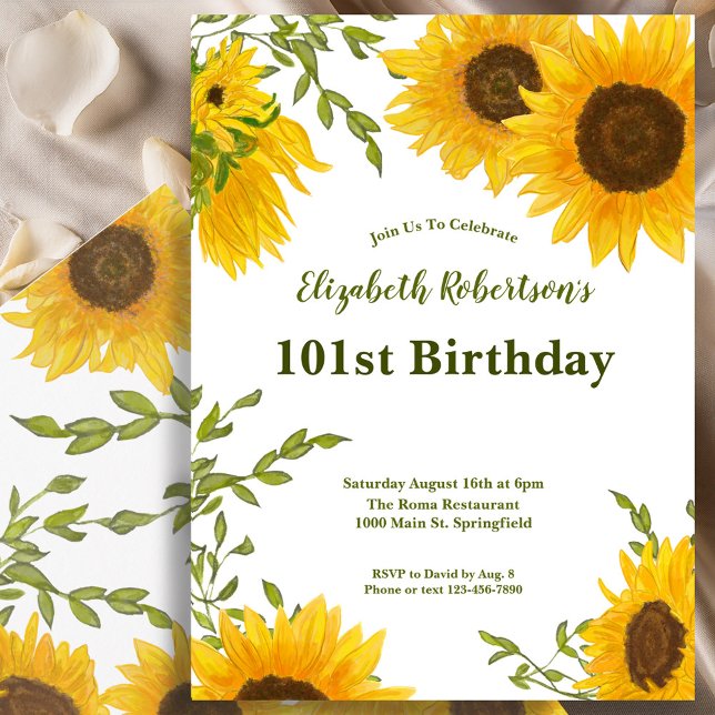 Watercolor Sunflowers Women's 101st Birthday  Einladung (Von Creator hochgeladen)